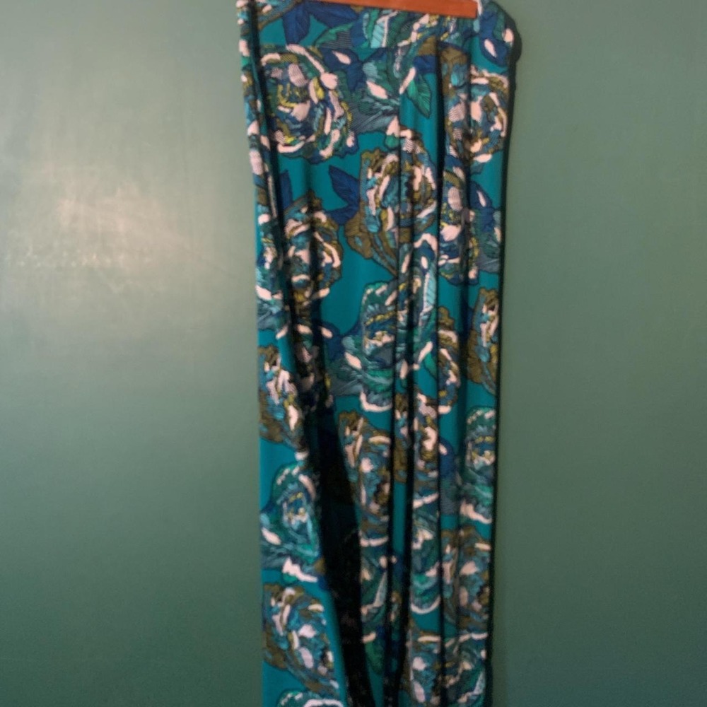 Coco Bianco Vintage 90s Blue Green Floral Wide Leg Pants Medium
